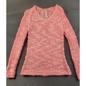 Aeropostale Coral Pink White Chunky Knit V-Neck Sweater Small